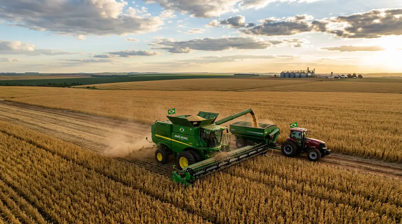 Champ de soja brésilien à perte de vue avec une moissonneuse, symbole de la puissance agricole du pays.