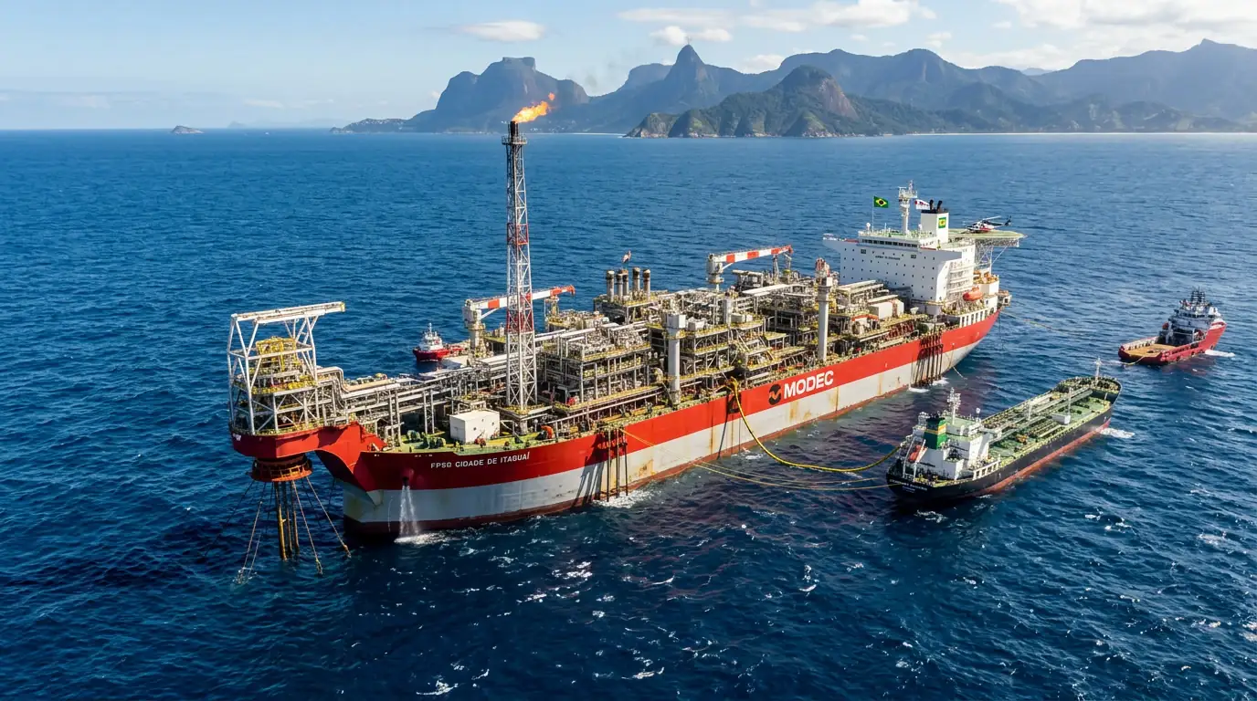 Plateforme pétrolière flottante de type FPSO au large des côtes brésiliennes.