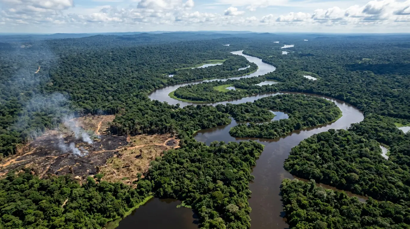 Vue aérienne de la forêt amazonienne traversée par un fleuve, symbole de l'enjeu climatique brésilien.
