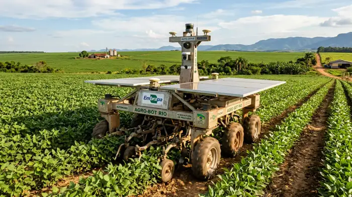 Robot agricole autonome à panneaux solaires dans un champ de soja au Brésil.