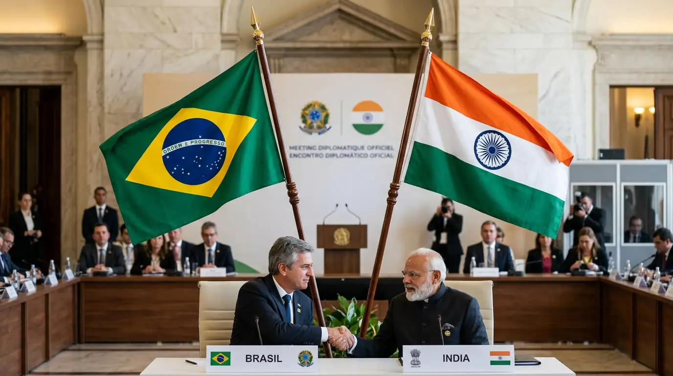 Drapeaux du Brésil et de l'Inde côte à côte lors d'une rencontre diplomatique officielle.