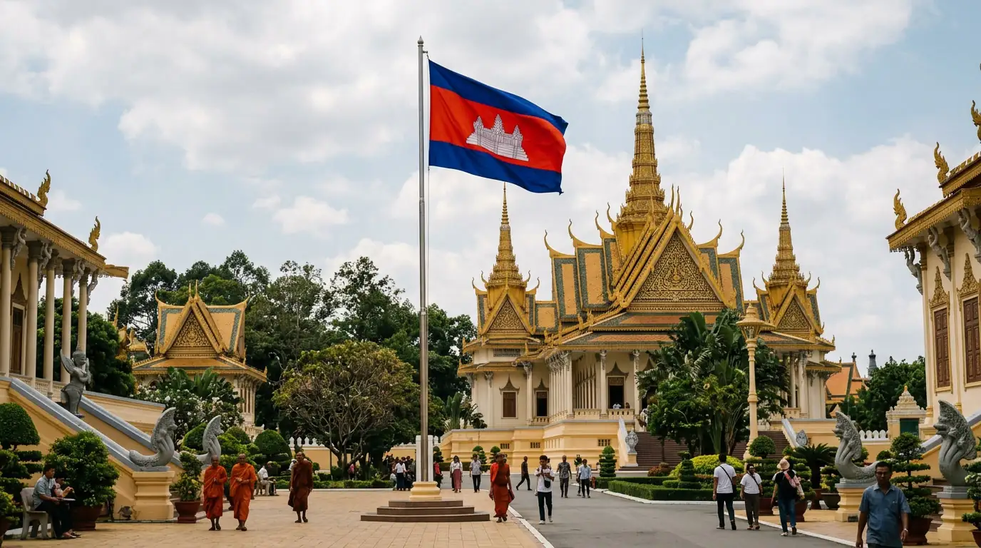 Le drapeau du Cambodge devant le Palais royal de Phnom Penh, symbole de la continuité du pouvoir de la famille Hun.