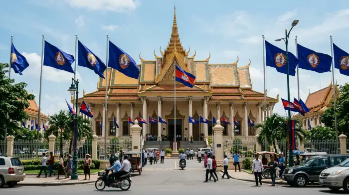 Vue de l'Assemblée nationale du Cambodge à Phnom Penh, drapeaux du Parti du peuple cambodgien déployés.