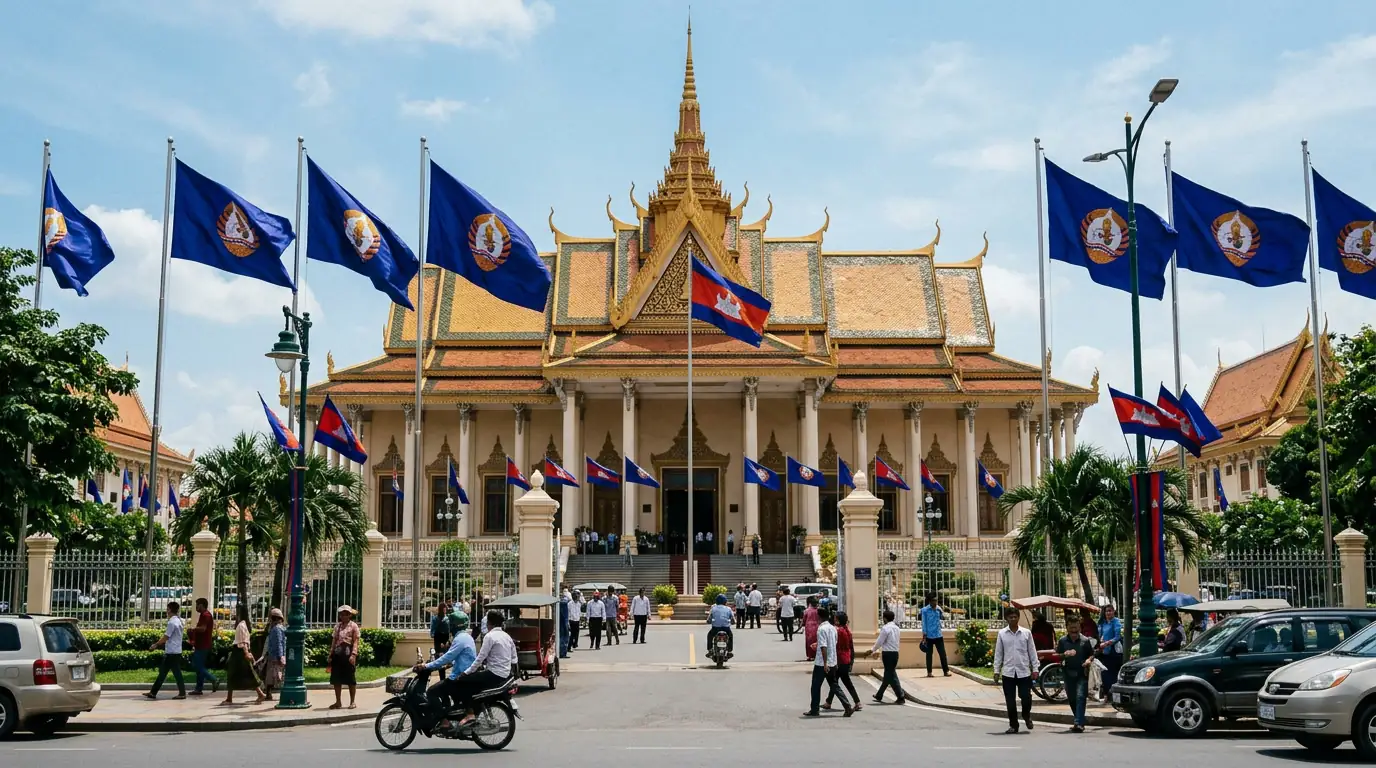 Vue de l'Assemblée nationale du Cambodge à Phnom Penh, drapeaux du Parti du peuple cambodgien déployés.