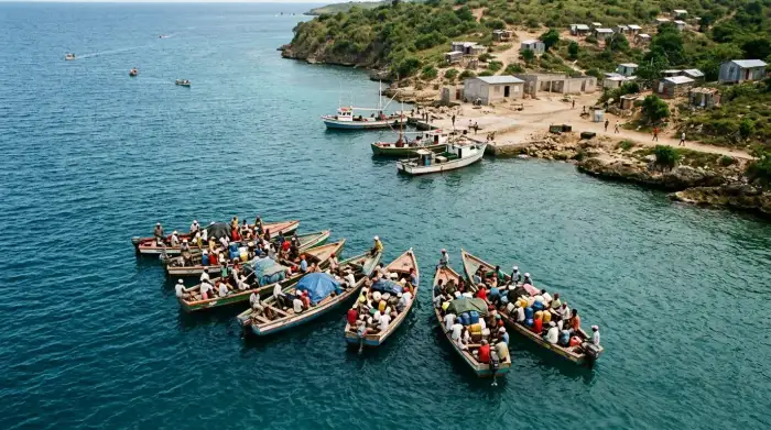 Vue aérienne d'une côte caribéenne avec des bateaux de migrants vénézuéliens au large, symbolisant la pression migratoire sur la région.