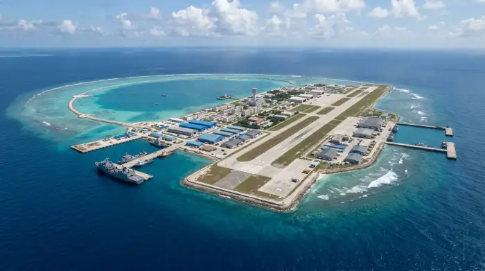 Récif transformé en île artificielle avec piste et installations, en mer de Chine méridionale.