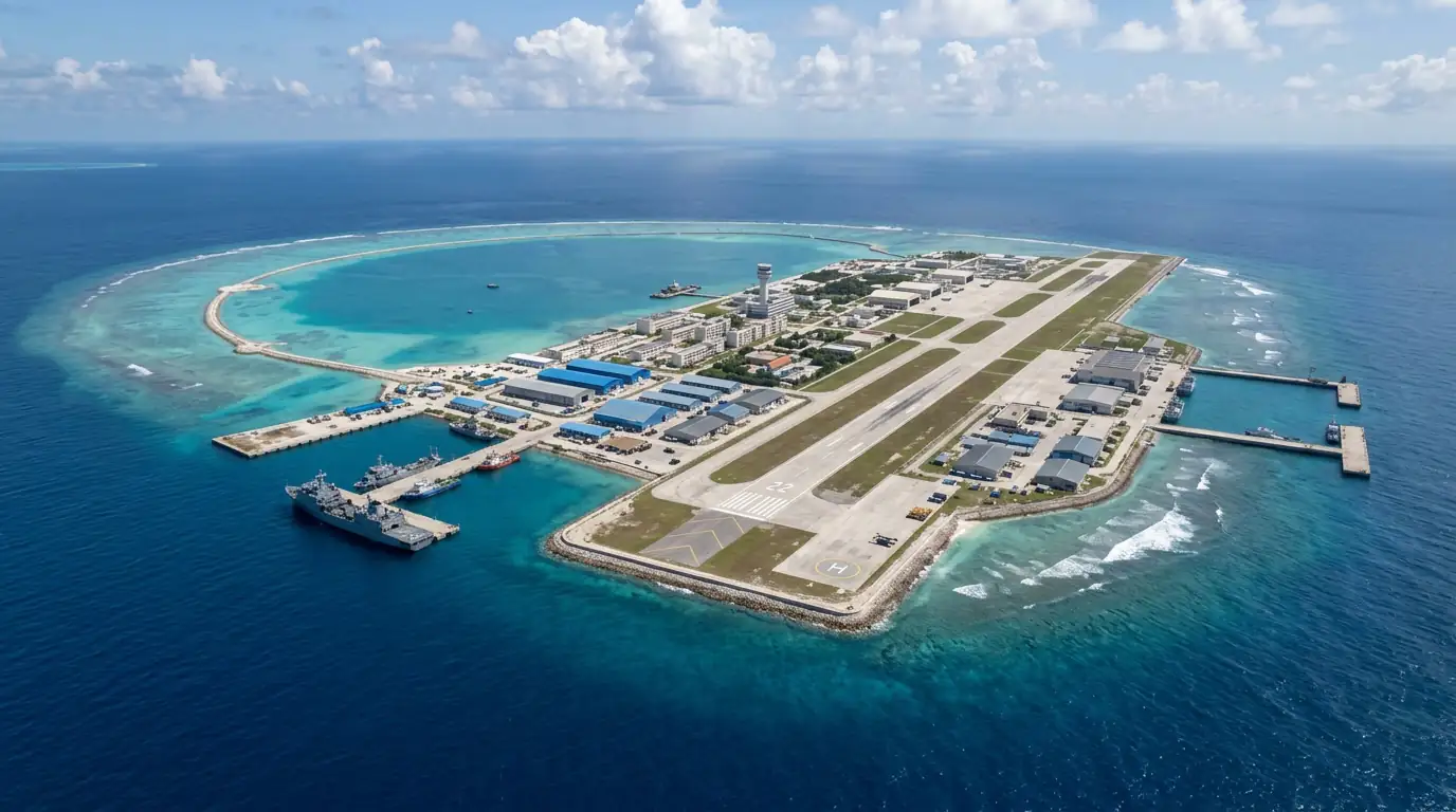 Récif transformé en île artificielle avec piste et installations, en mer de Chine méridionale.