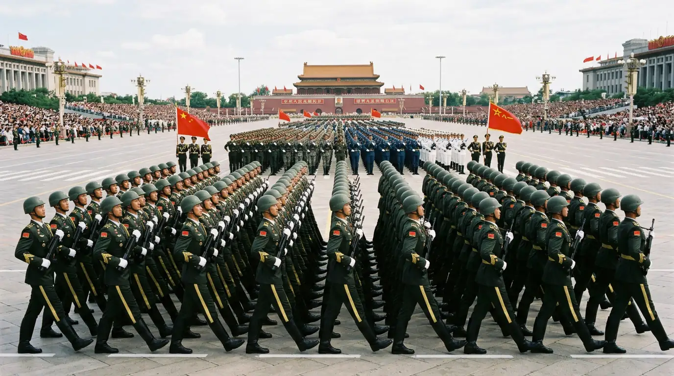 Soldats de l'Armée populaire de libération chinoise en formation lors d'un défilé militaire.