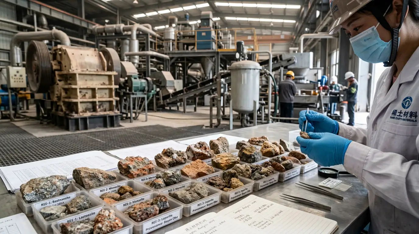Échantillons de minerais de terres rares dans une installation de traitement industrielle.
