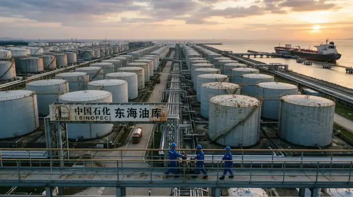 Vastes réservoirs de stockage de pétrole brut sur un terminal pétrolier en Chine