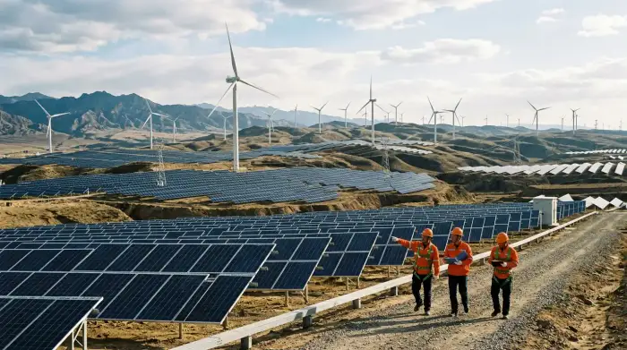 Champ de panneaux solaires et éoliennes en Chine illustrant la transition énergétique