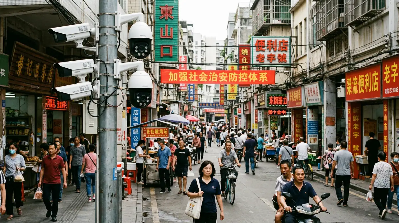 Caméras de vidéosurveillance équipées de reconnaissance faciale dans une rue chinoise.