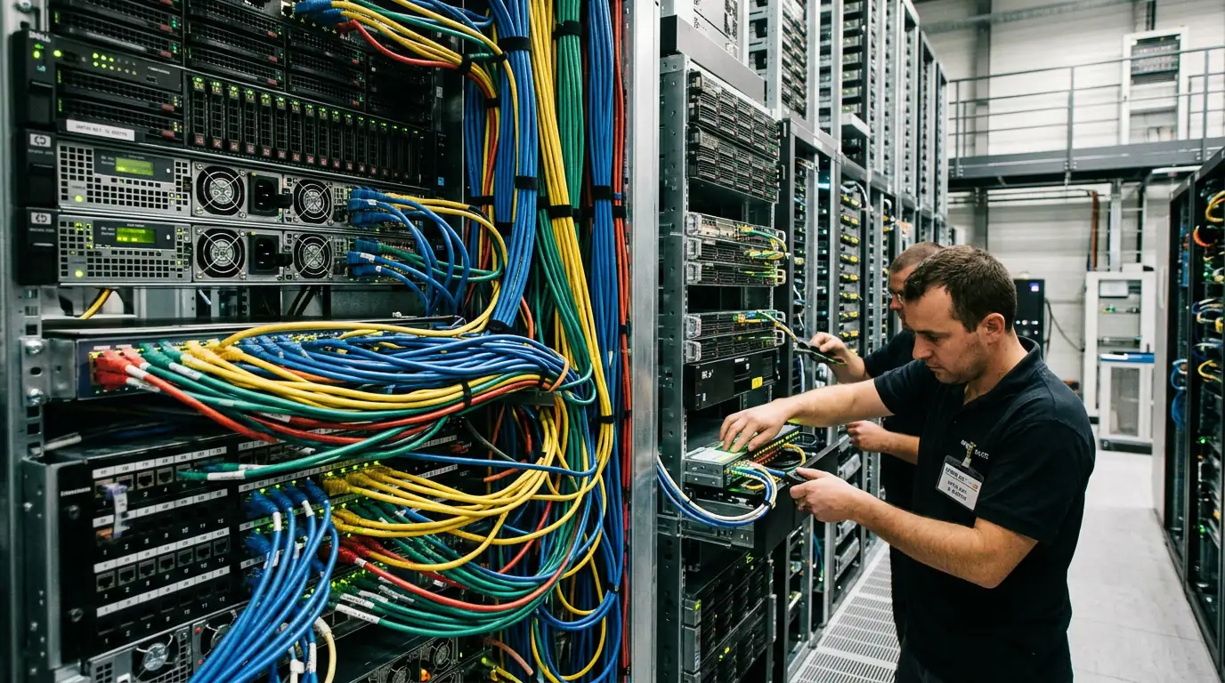 Câbles réseau et serveurs symbolisant l'infrastructure numérique mondiale.