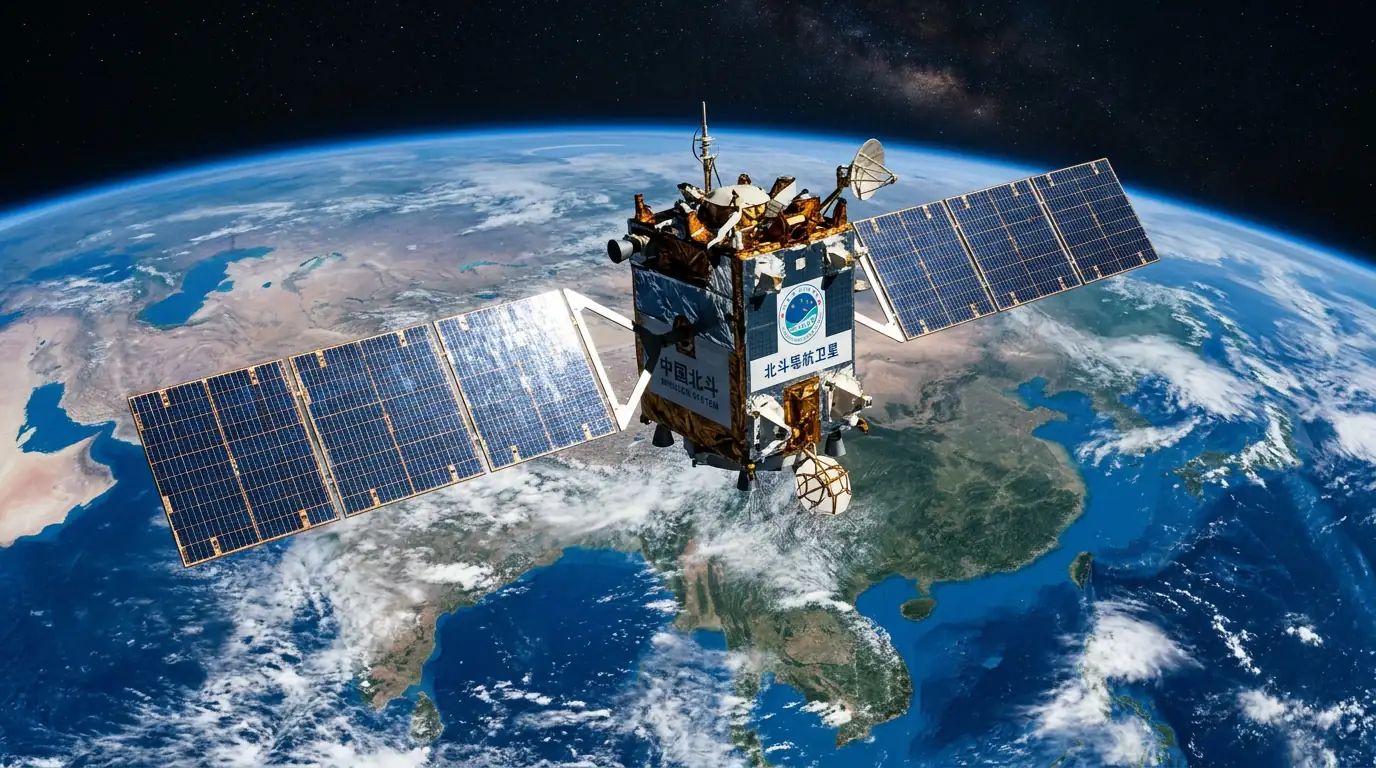 Satellite de navigation chinois en orbite au-dessus de la Terre, illustration du système BeiDou.