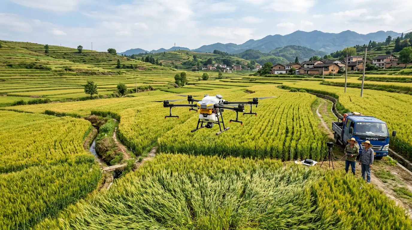 Drone agricole survolant un champ de céréales en Chine pour la surveillance des cultures