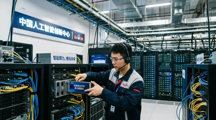 Centre de données et puces électroniques illustrant l'essor de l'intelligence artificielle en Chine