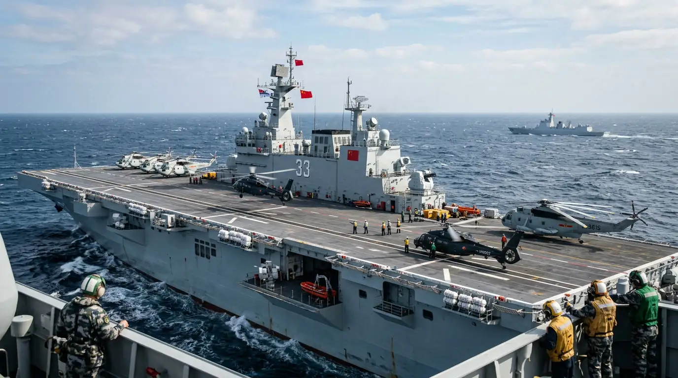 Navire d'assaut amphibie chinois en mer avec hélicoptères sur le pont