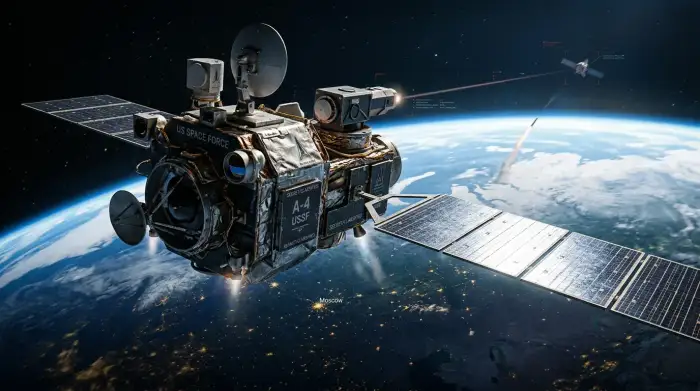 Satellite en orbite au-dessus de la Terre, illustrant les enjeux de la militarisation de l'espace.
