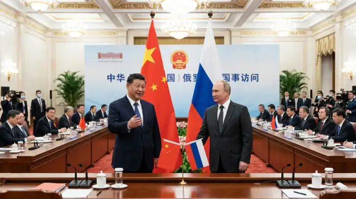 Drapeaux chinois et russe côte à côte lors d'une rencontre officielle entre Xi Jinping et Vladimir Poutine