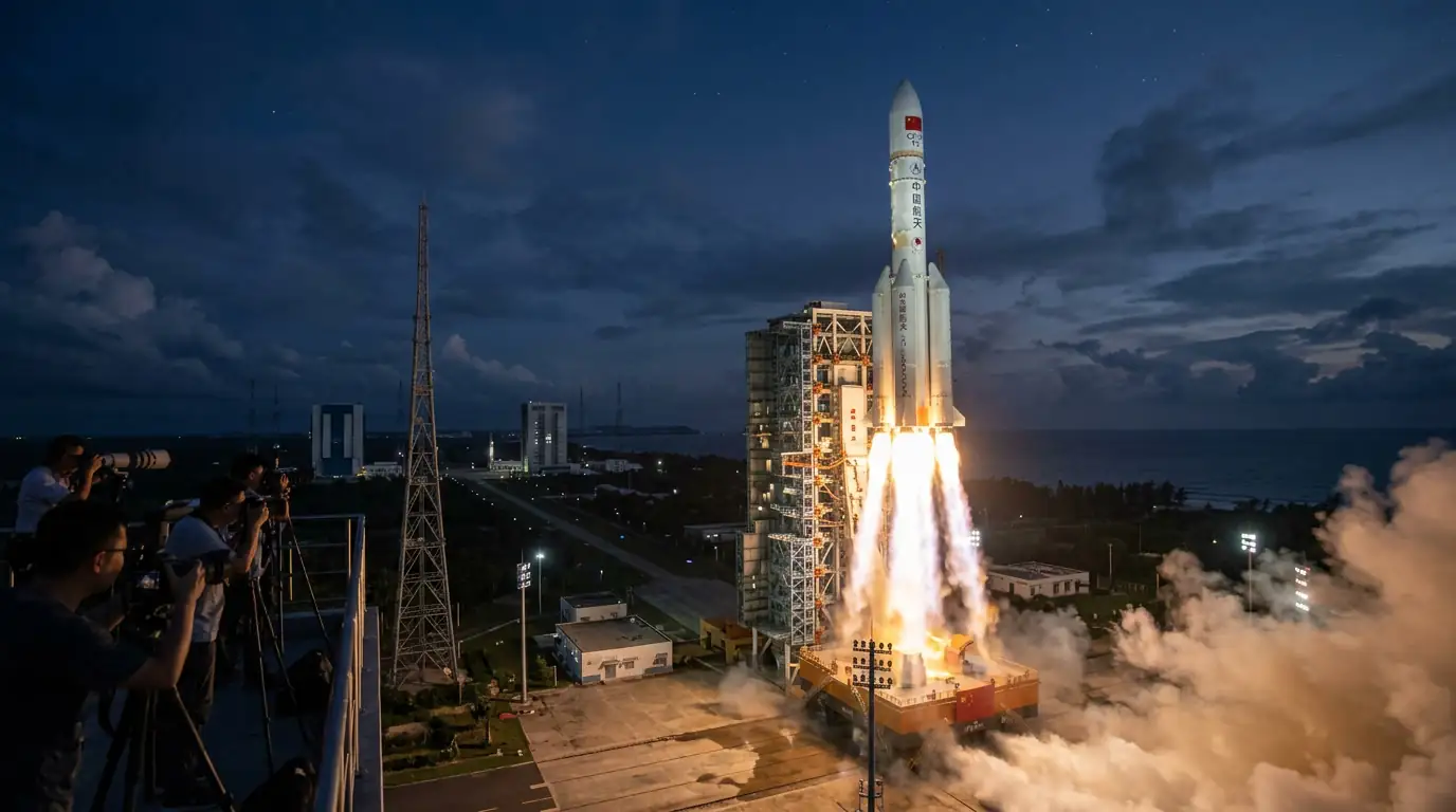 Décollage d'une fusée Longue Marche depuis un centre de lancement spatial chinois.