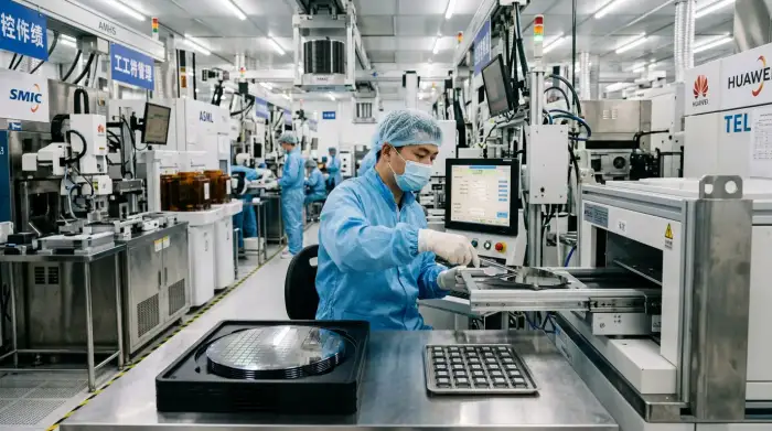 Plaquette de silicium et puces électroniques dans une usine de semi-conducteurs en Chine