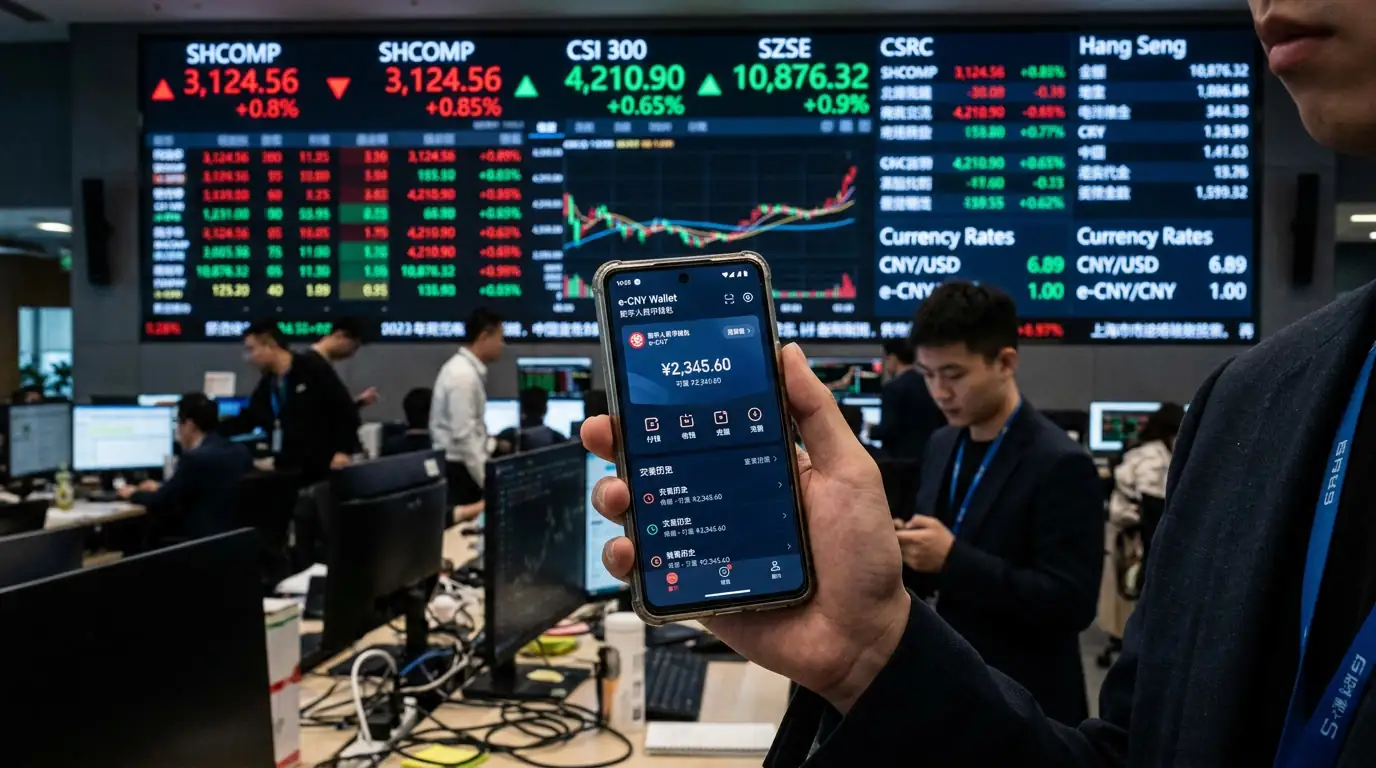 Smartphone affichant un portefeuille de yuan numérique devant un écran de cotations financières.