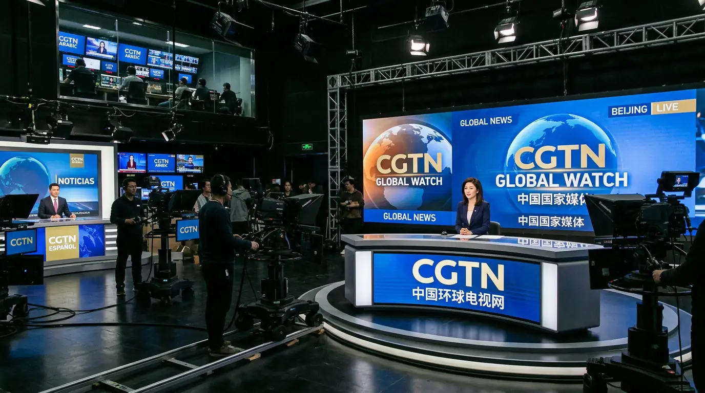 Studio de télévision international diffusant un journal en plusieurs langues, illustrant les médias d'État chinois.