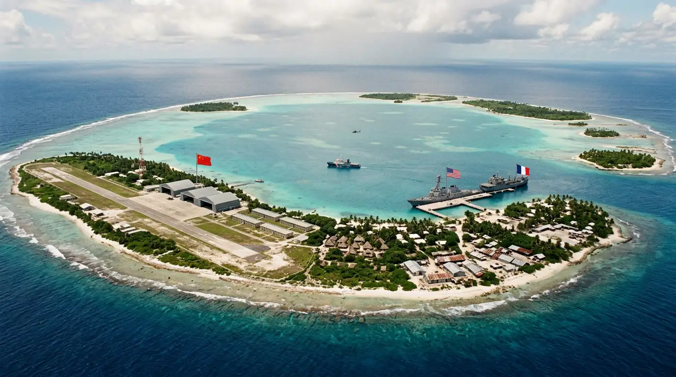Atoll du Pacifique vu du ciel, enjeu de la rivalité entre la Chine et les puissances occidentales.