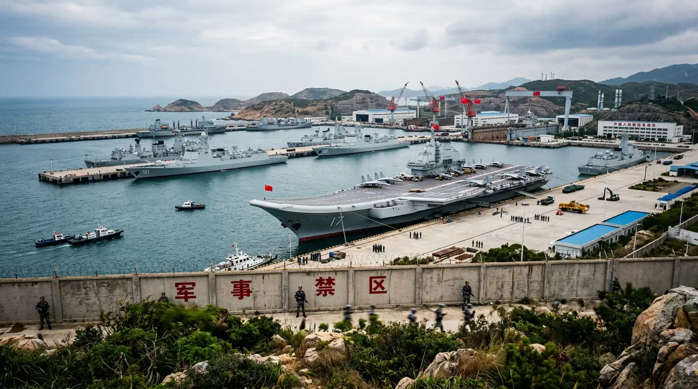 Installation portuaire et navale chinoise sur une côte stratégique, symbole de la projection militaire de Pékin.