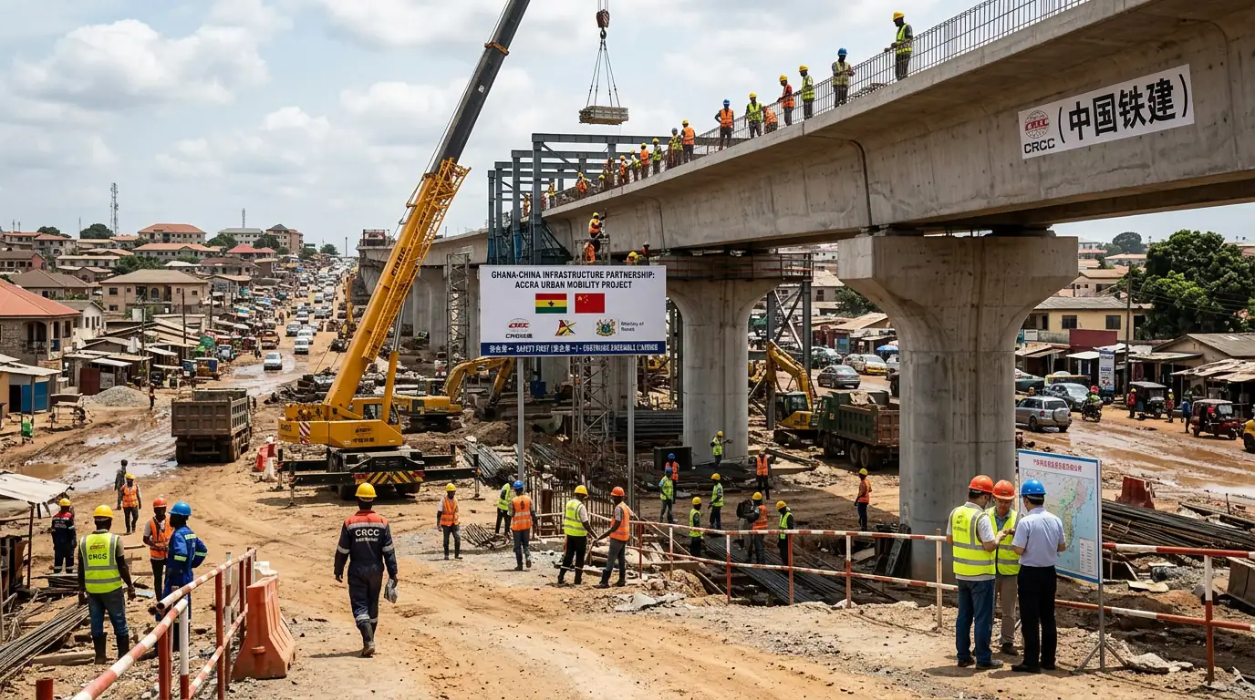Chantier d'infrastructure financé par la Chine dans une ville africaine.
