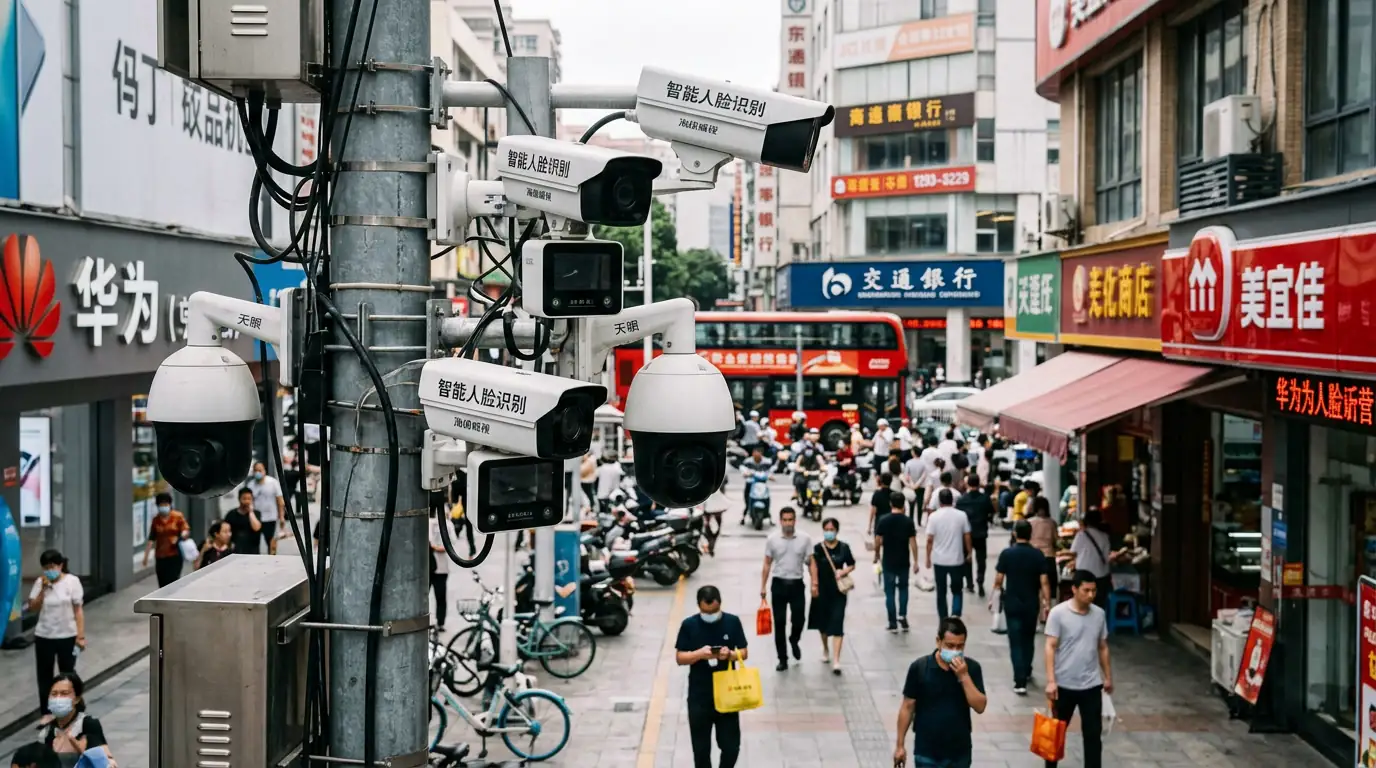 Caméras de surveillance urbaines équipées de reconnaissance faciale dans une rue chinoise.