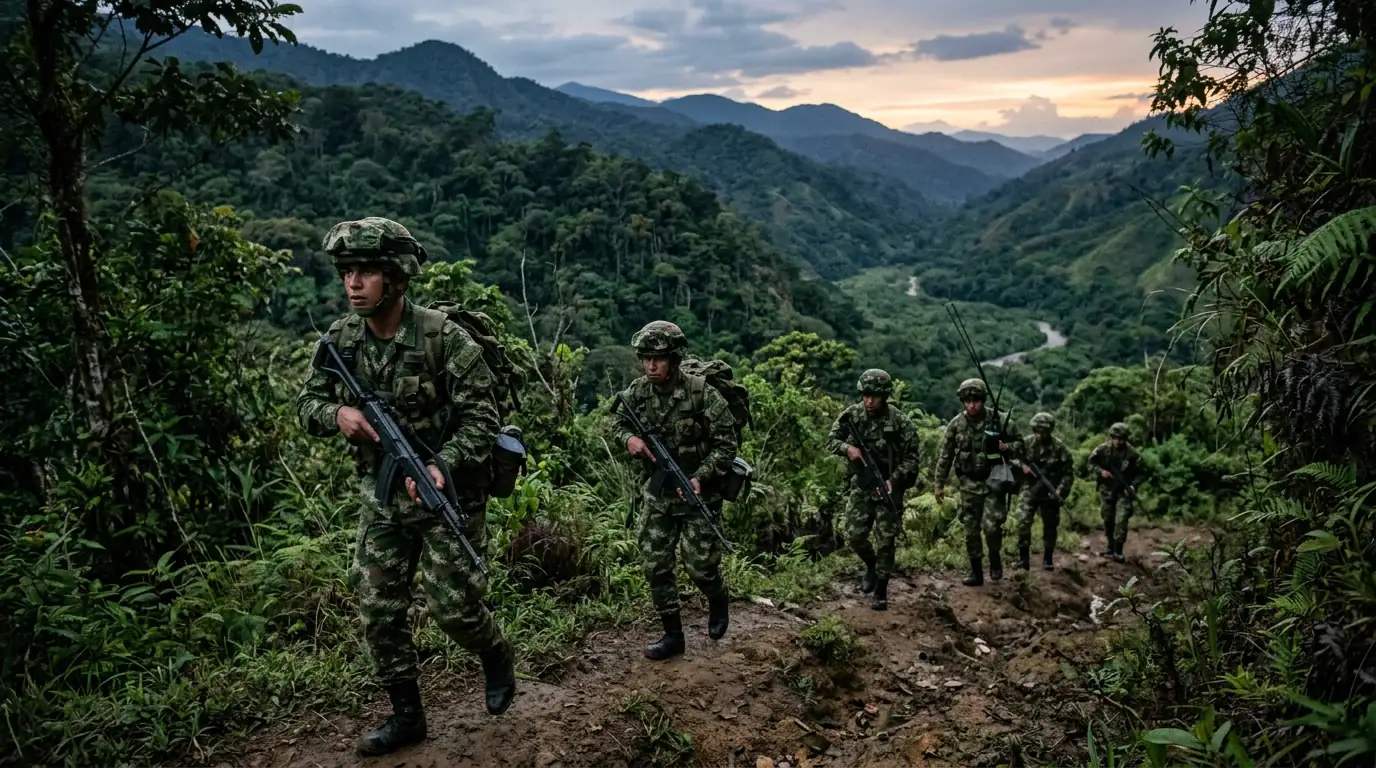 Soldats colombiens en patrouille dans une zone montagneuse boisée le long de la frontière avec le Venezuela, au crépuscule.