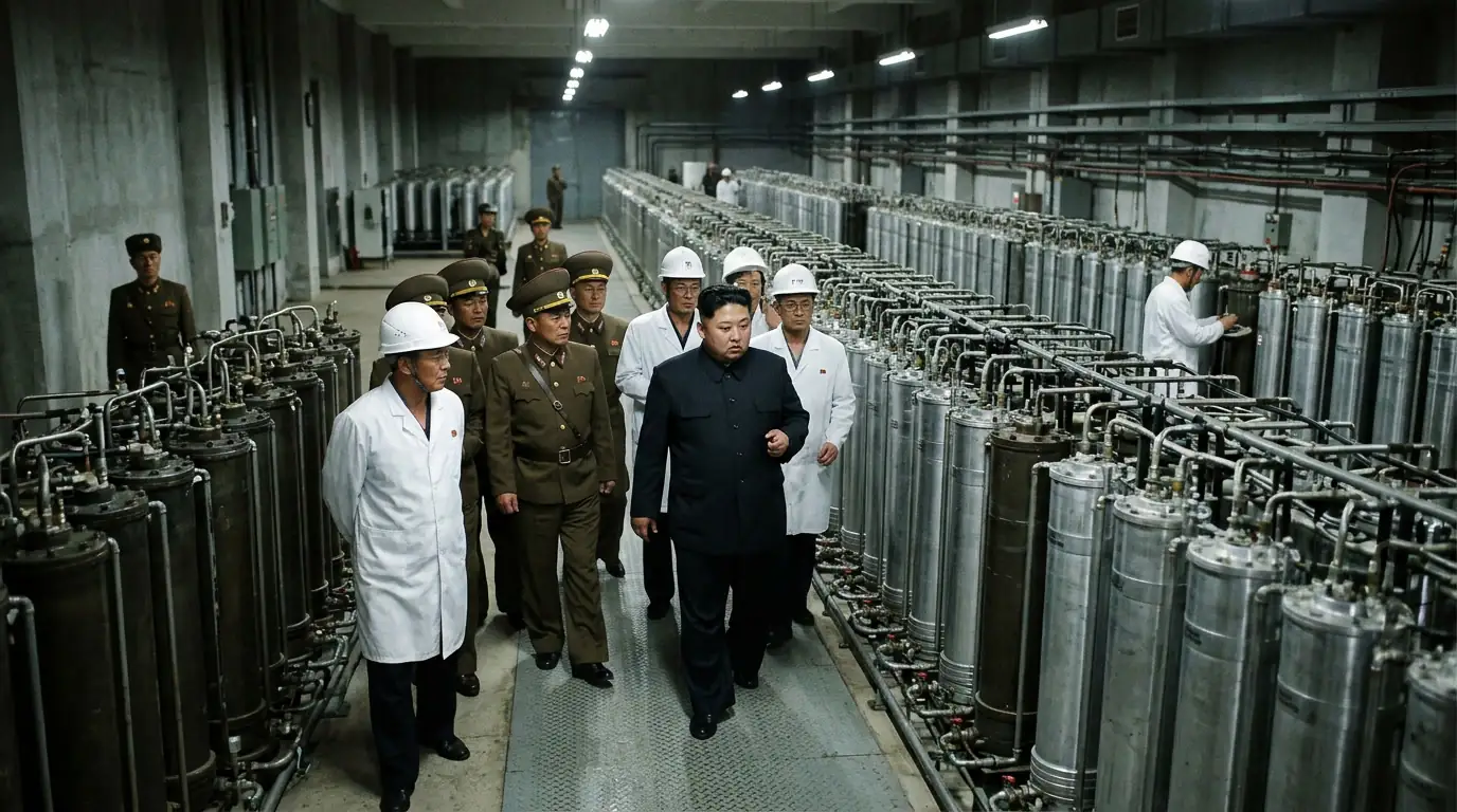Rangées de centrifugeuses dans une installation d'enrichissement d'uranium en Corée du Nord, visitée par Kim Jong Un en juin 2026