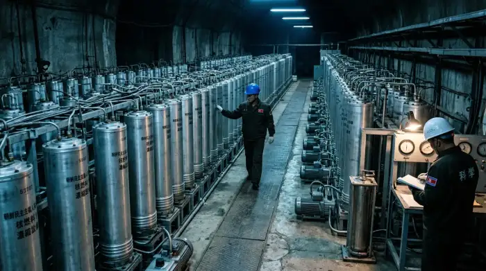 Rangées de centrifugeuses argentées dans une salle industrielle souterraine nord-coréenne, éclairage artificiel bleuté, atmosphère froide et secrète, style photojournalisme documentaire