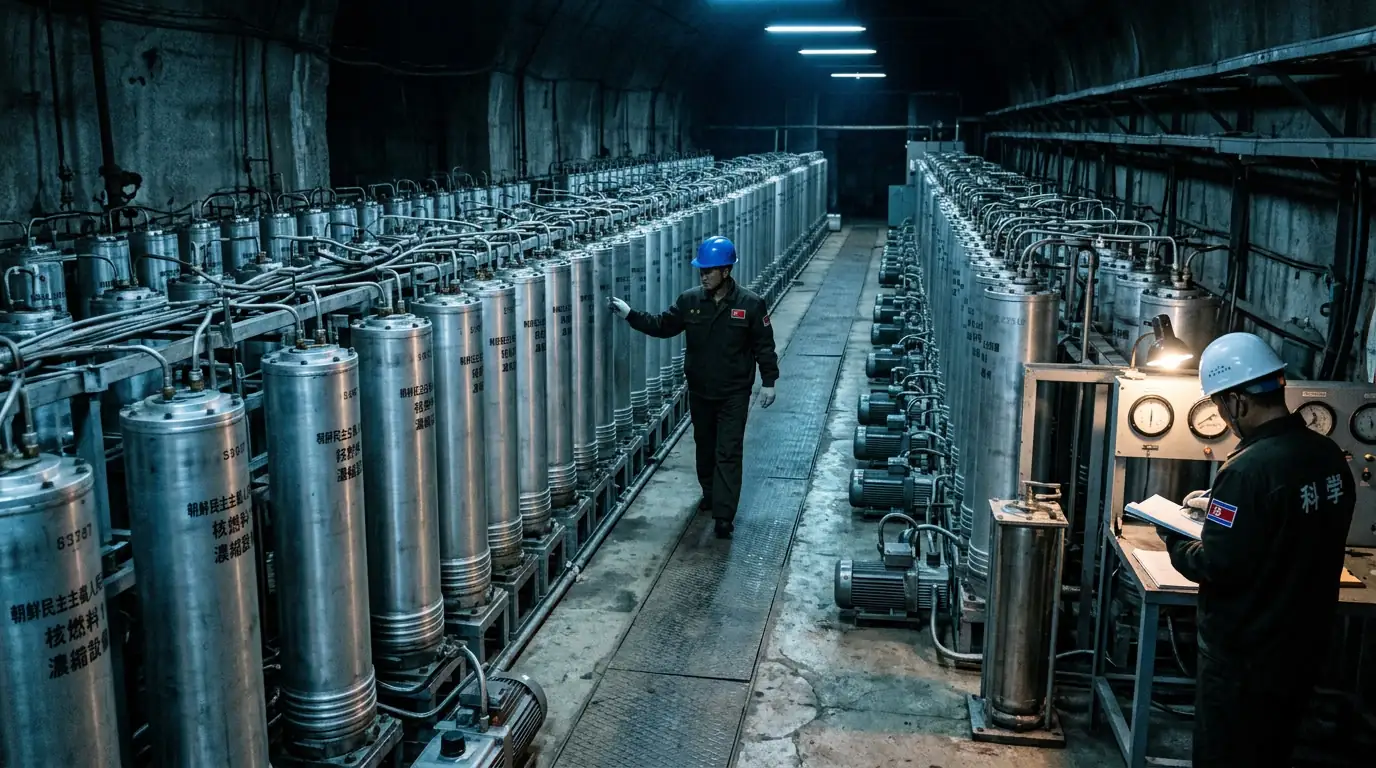 Rangées de centrifugeuses argentées dans une salle industrielle souterraine nord-coréenne, éclairage artificiel bleuté, atmosphère froide et secrète, style photojournalisme documentaire