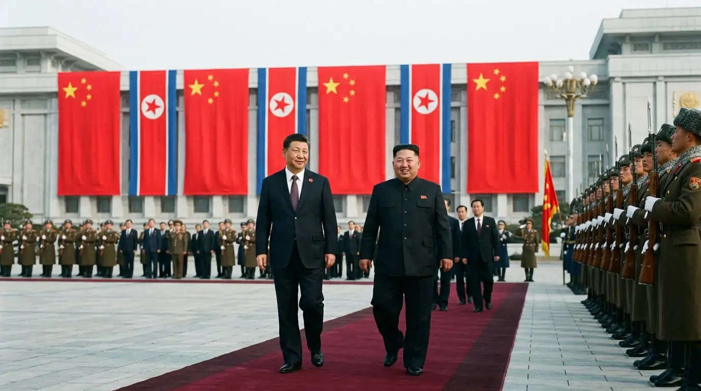 Xi Jinping et Kim Jong-un lors d'une cérémonie officielle à Pyongyang, drapeaux chinois et nord-coréens en arrière-plan, atmosphère solennelle de sommet d'État