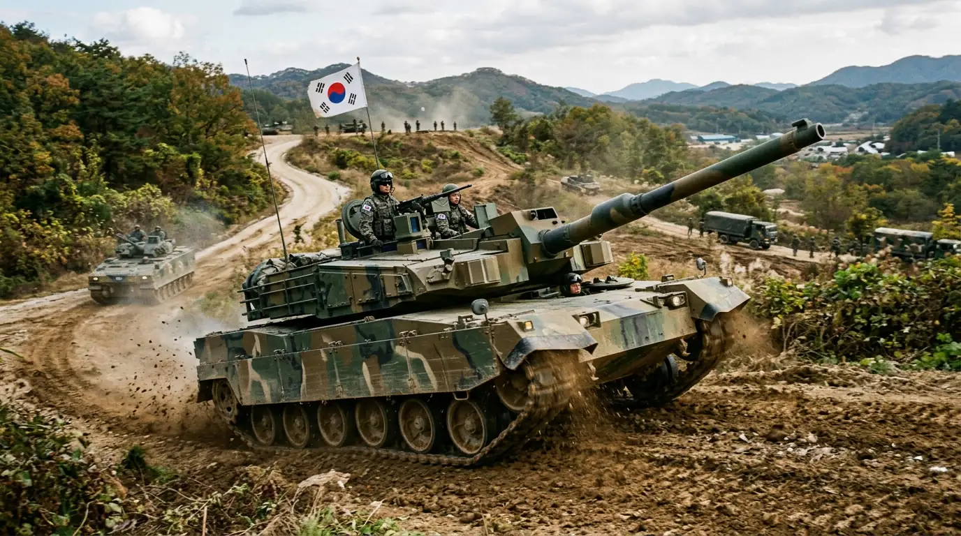 Char de combat K2 Black Panther sud-coréen lors d'une manœuvre militaire, illustrant la montée en puissance de l'industrie de défense de Séoul