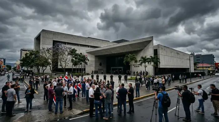 Le bâtiment de l'Assemblée législative du Costa Rica à San José sous un ciel chargé, symbole de la tension entre la présidence et les institutions.