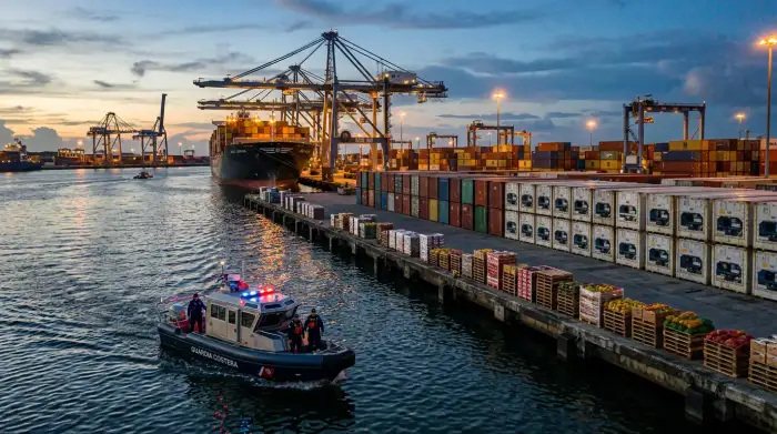 Conteneurs et grues du terminal caribéen de Moín, au Costa Rica, au crépuscule : cargaisons de fruits alignées sur le quai, vedette de police en patrouille au premier plan.