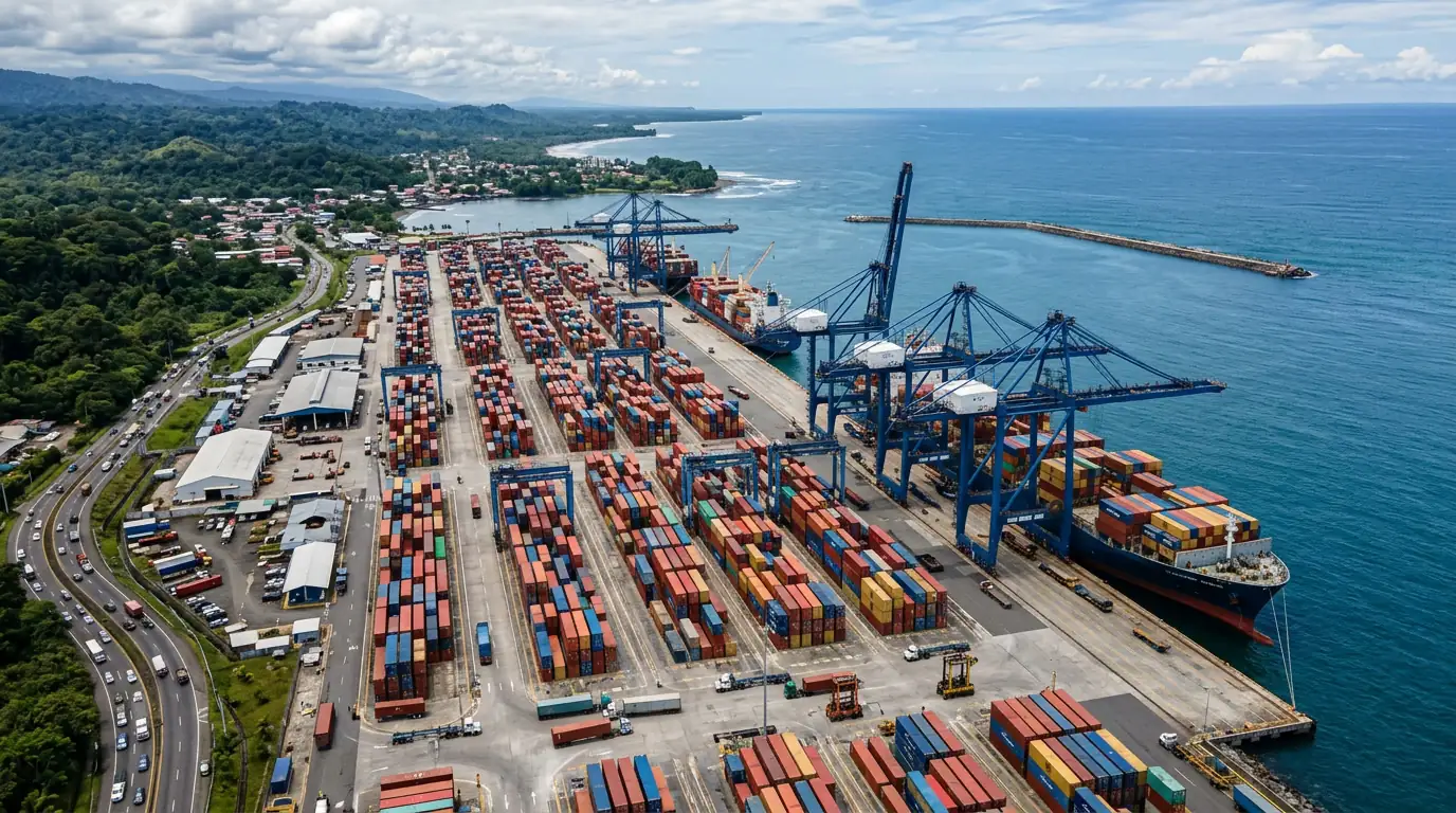 Vue aérienne du terminal à conteneurs de Moín, port de Limón, sur la côte caraïbe du Costa Rica, principal point de transit de la cocaïne vers l'Europe et les États-Unis.