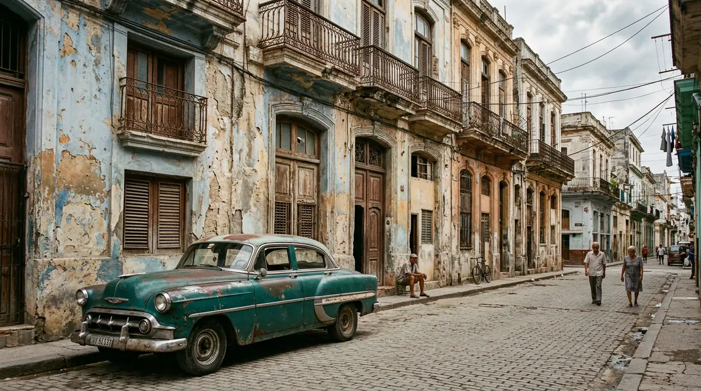 Rue de La Havane aux façades décrépites devant une vieille automobile américaine des années 1950, symbole d'une économie cubaine figée.
