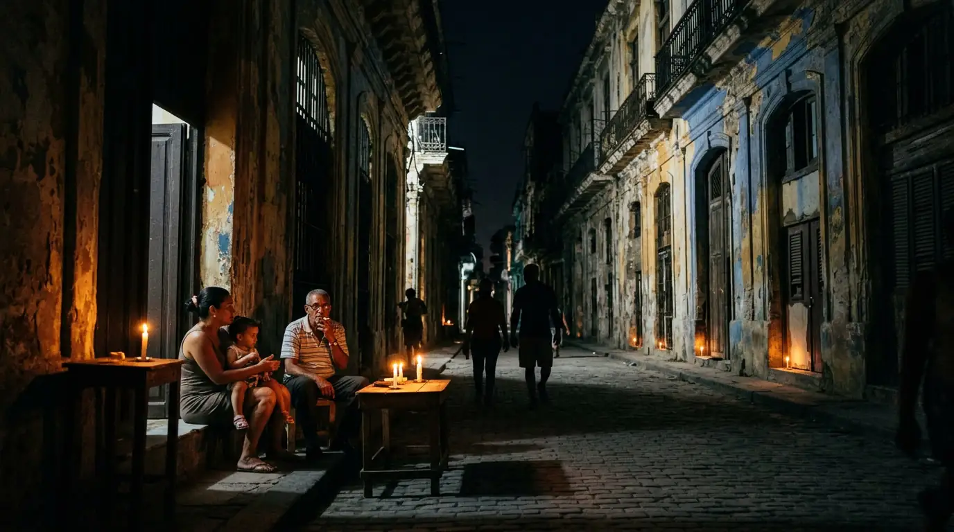 Une rue de La Havane plongée dans l'obscurité d'une coupure de courant, façades coloniales décrépies éclairées par quelques bougies.