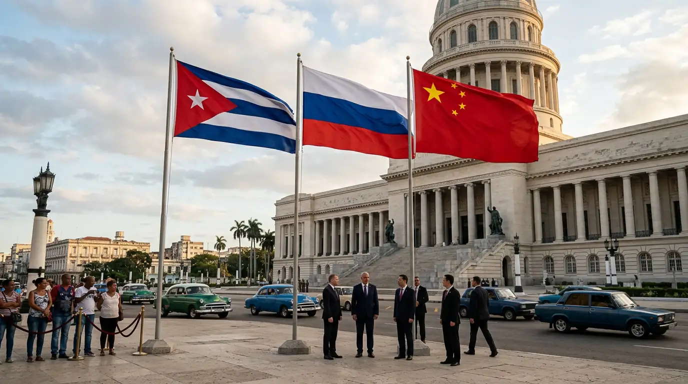 Drapeaux cubain, russe et chinois côte à côte devant le Capitole de La Havane, illustrant le réseau d'alliances de l'île.