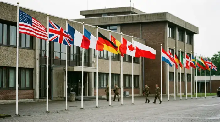 Drapeaux de pays alliés alignés devant un quartier général militaire, symbole de la défense collective