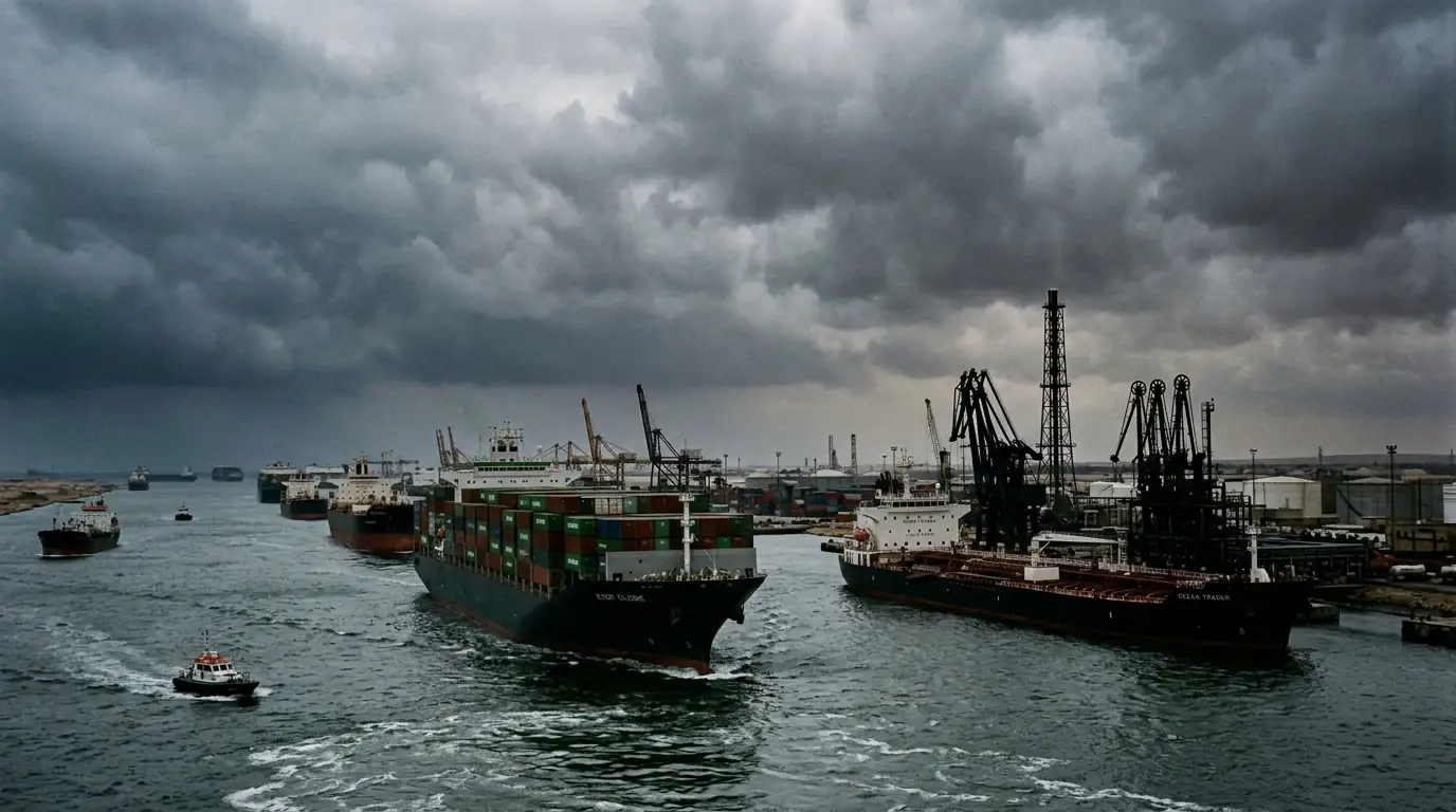 Cargos à l'entrée du canal de Suez sous un ciel chargé, silhouette de la flèche d'un terminal pétrolier, évoquant l'exposition économique de l'Égypte au conflit régional de 2026.