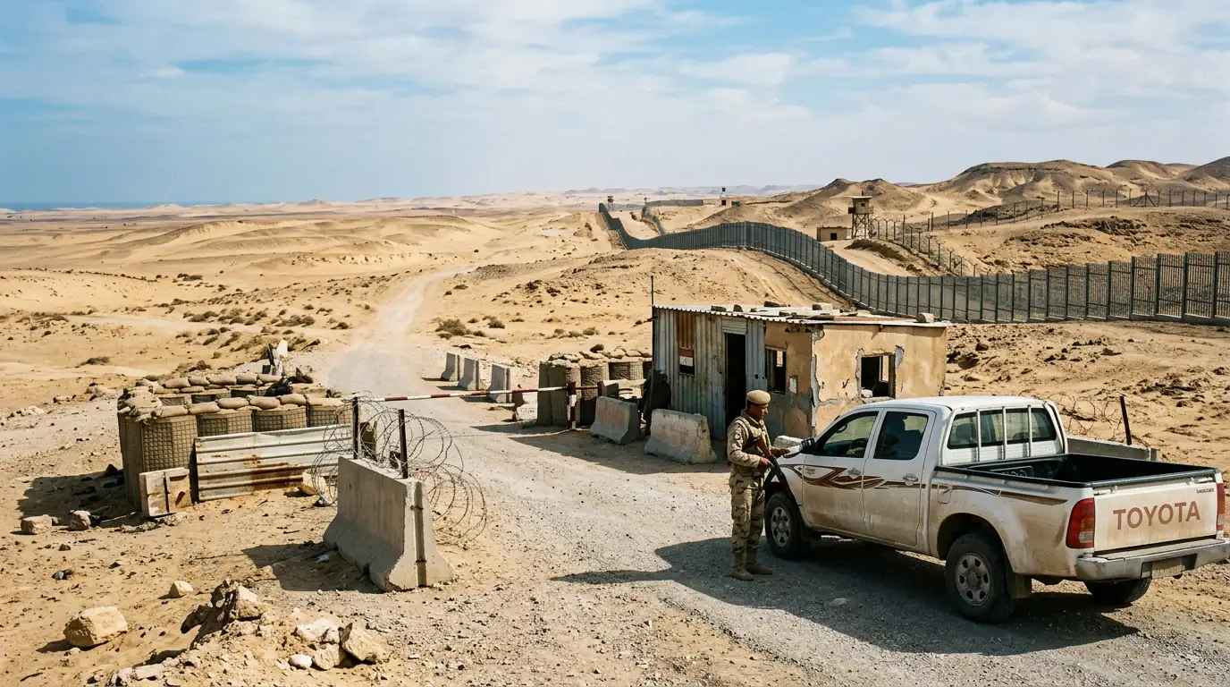 Poste de contrôle militaire et étendue désertique du nord du Sinaï, le long de la frontière entre l'Égypte, Gaza et Israël.