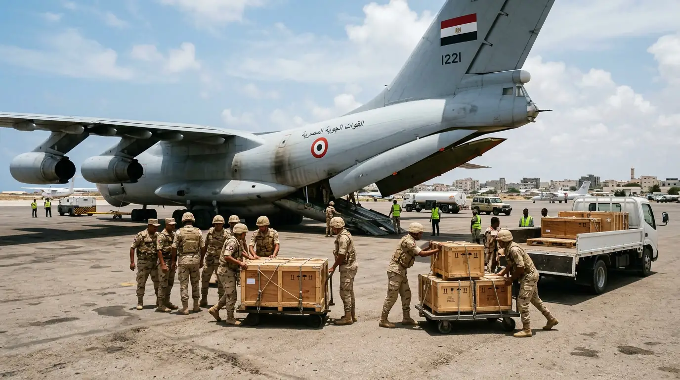 Avion de transport militaire égyptien sur le tarmac de l'aéroport de Mogadiscio, soldats déchargeant des caisses de matériel sous un ciel de la Corne de l'Afrique.
