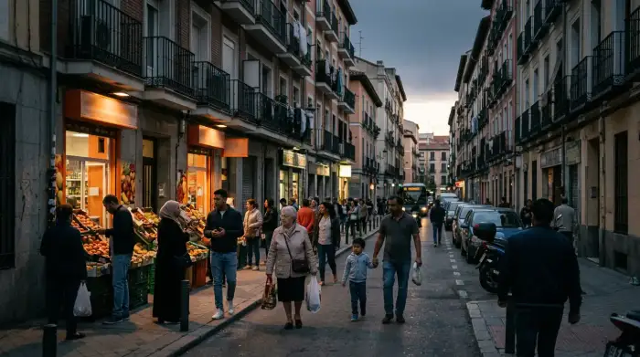 Vue d'un quartier ouvrier de Madrid au crépuscule, mêlant commerces et passants, illustrant l'Espagne multiculturelle du pari migratoire de Pedro Sánchez.