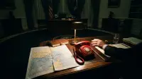 Bureau ovale plongé dans la pénombre, téléphone rouge et carte du détroit d'Ormuz avec l'île de Kharg, symboles d'une décision de frappe suspendue au dernier moment.