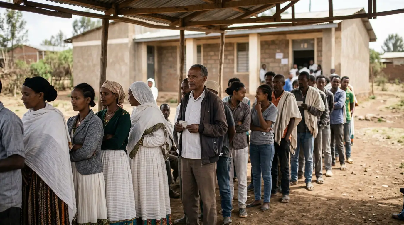Bureau de vote en Éthiopie lors des élections générales de juin 2026, électeurs en file d'attente sous la bannière du Parti de la prospérité